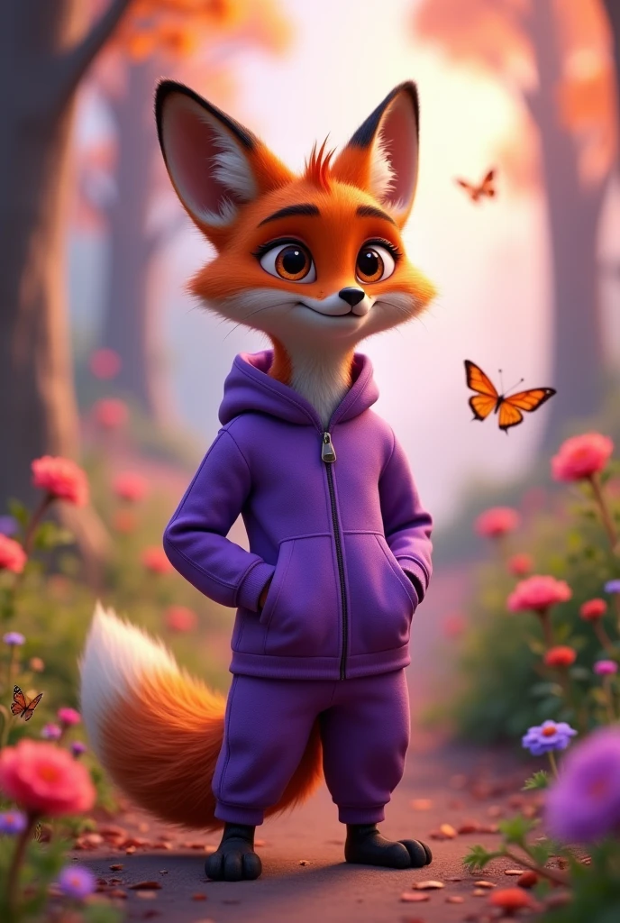 A young mature fox in disney pixar 3d style wearing a purple health tracksuit & beauty