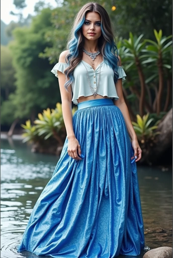 Mystical Water spirit style. Blue maxi skirt, beige blouse, wavy brown hair with blue highlights, dramatic blue make up, silver and blue jewelry