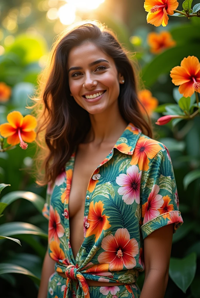 A Brazilian woman in a lush tropical garden, wearing an open shirt with a floral print, with a close-up capturing the harmonious beauty between her breasts and the natural flowers, showing off your natural charm and outgoing personality.