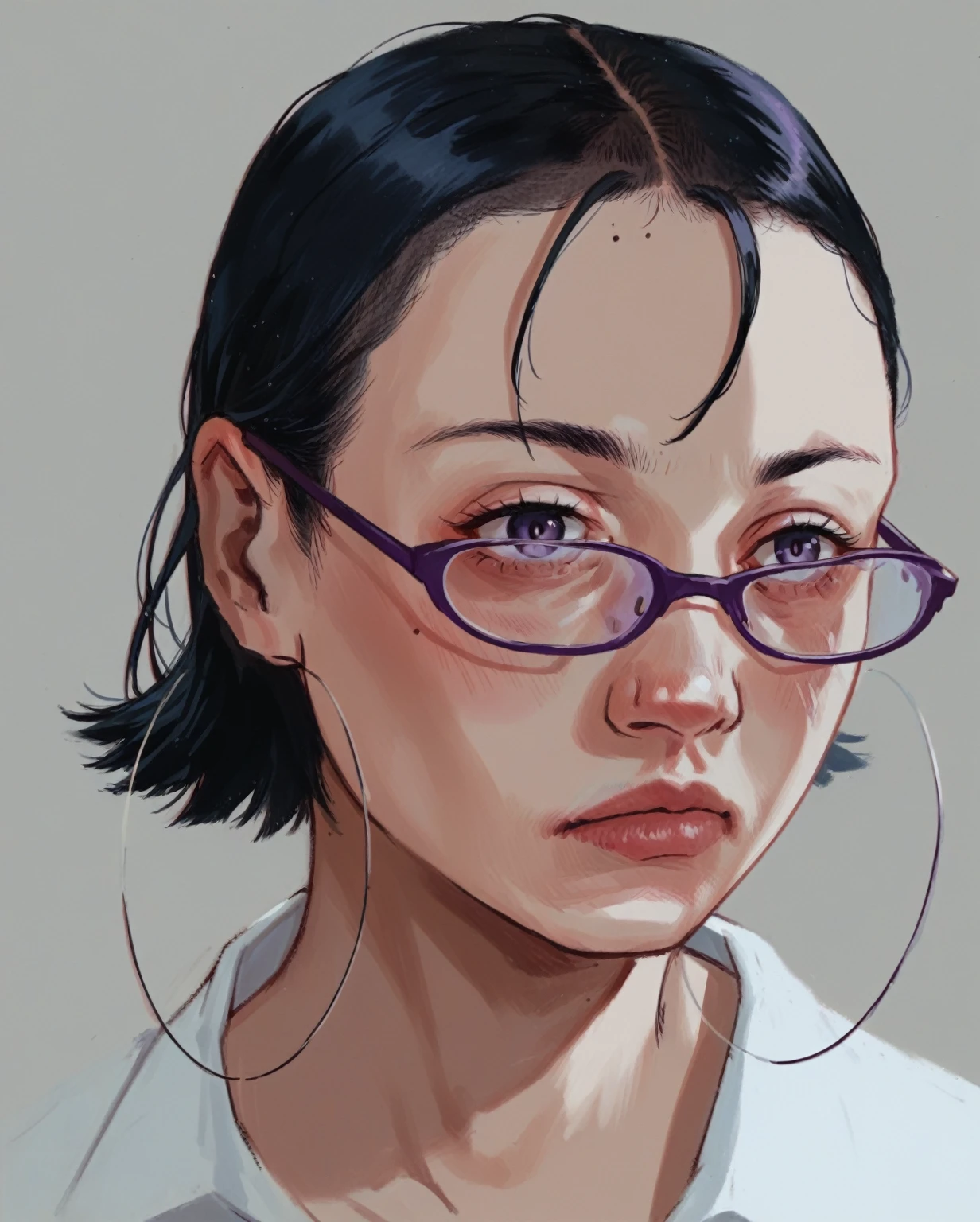 pontuação_9, pontuação_8_acima, pontuação_7_acima, T0n1, 1girl, white skin, model, tiny eyebrowns, purple glasses, half profile view, white tshirt uniform simple background