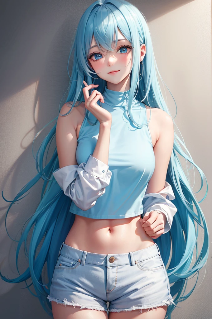 Best Quality,High resolution,8k,(white background),Masterpiece:1.2),beautiful girl,Shiny light blue hair,messy hair,Light blue eyes,Gentle look,A refreshing look,smile,Best quality,Best Quality,Aesthetic and aesthetic:1.2,Best details((Super detailed))(High-definition CG illustrations),crop top,Shorts,Slender body,smile,blush,cute,Scrounge,Looking up,Being spoiled,super model