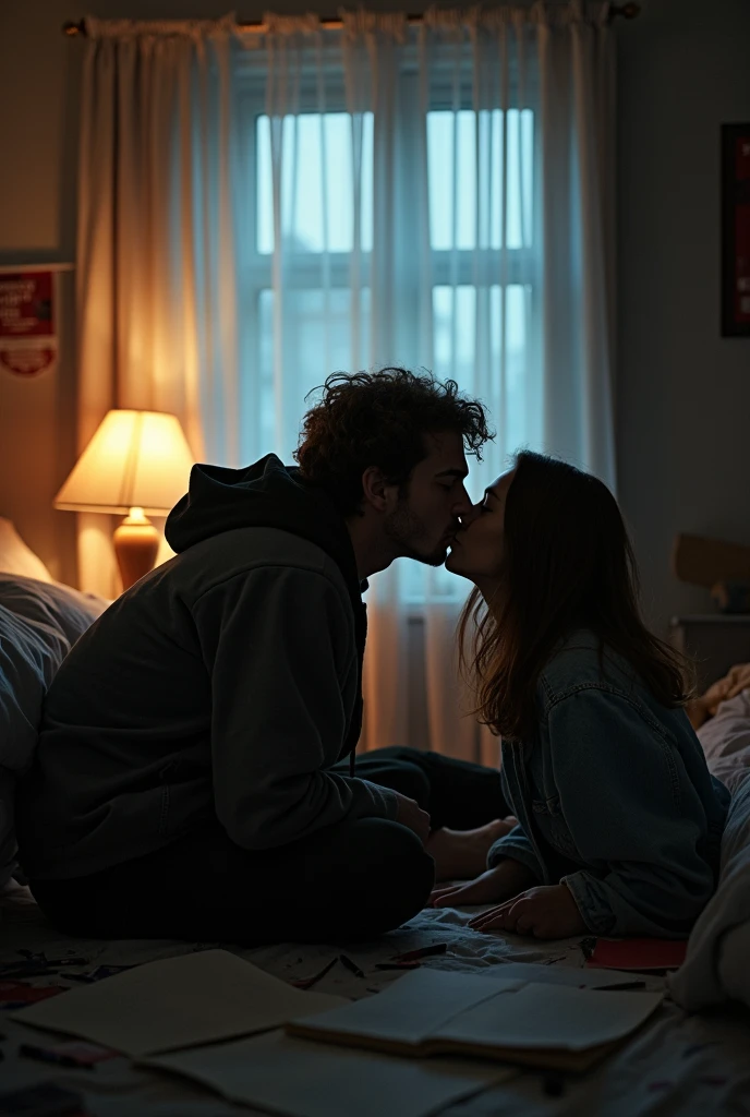 anime characters,kiss,Woman initiates a kiss,First Time,Male writer與Female assistant,Lazy,Dimly Lit Room,Curtains drawn,Scattered manuscripts and pens on the floor,Male with a頹廢 (tuí fèi) style,Male with fluffy hair,Male with slightly long hair,clutter,Guy wearing a hooded jacket,Girl wearing casual clothes,Woman with medium-length hair,brown hair,Male writer,Female assistant,Male professional,Animation style,Cool colors,Sitting on the floor by the bed