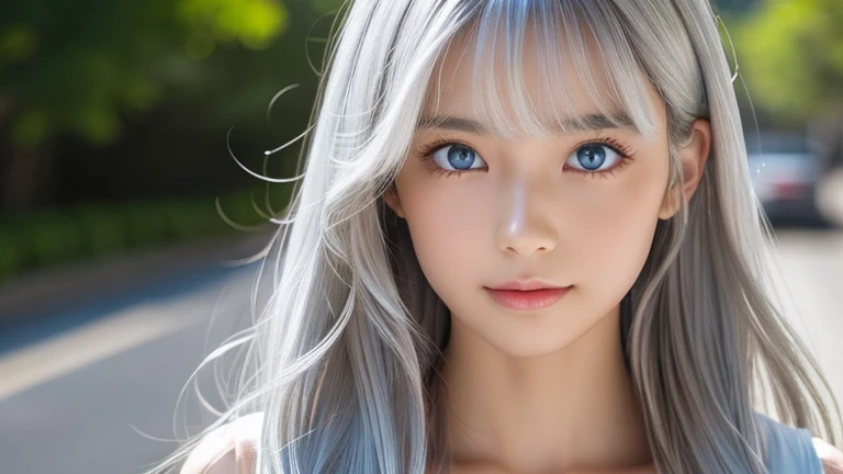 The Shining, clear, White skin、Her windblown silver hair hides her beautiful face..、Huge、Sexy beautiful face of 28 years old、Beautiful straight hair that stands out、growing up, light blue eyes shimmering、Sexy long silky bangs that cover the eyes, Sexy young woman with super long hair hiding her sexy face、The Shining silver hair、Upper body close-up,(((Sexy Woman)))