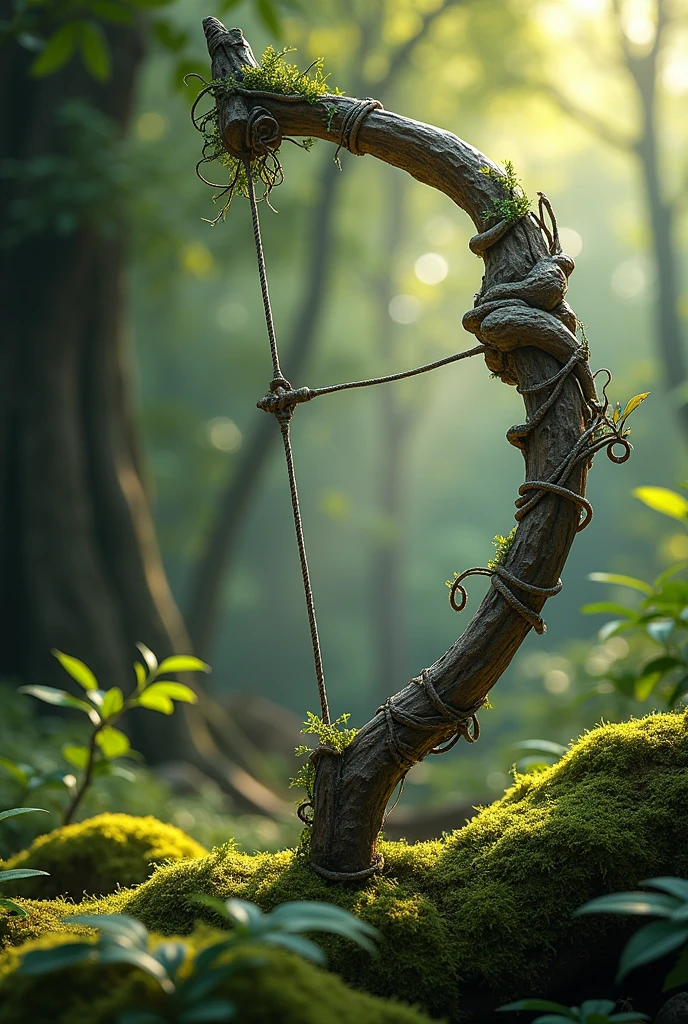 Draw a magical bow that is an indigenous bow, Made of braided vines and wood from sacred trees, This bow is blessed by shamans to protect the forest and its inhabitants. 8k, epic