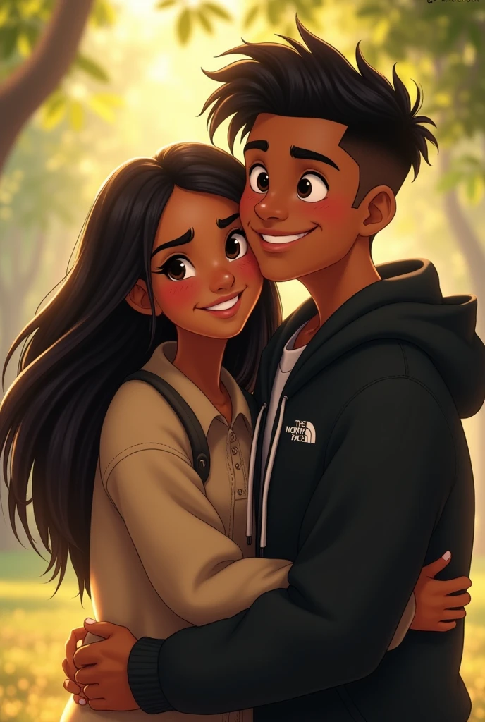 Disney Two agers looking at each other hugging, a girl with long, dark black hair, tanned girl with dimples in her cheeks and brown eyes and wearing a beige shirt. A light-skinned white boy with a nice smile and dark hair with a low taper fade cut, eyes a little big with a black Disney North Face jacket