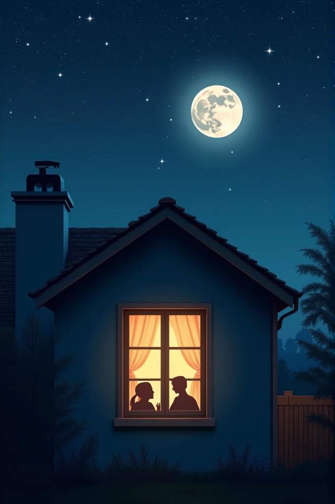 Image: A house illuminated from within, With a starry sky and a full moon. The focus is on a window, Where a blurry reflection of a sleeping family can be seen. Around the house, Subtle security elements can be suggested (For example, A shadow of a camera or a fence).