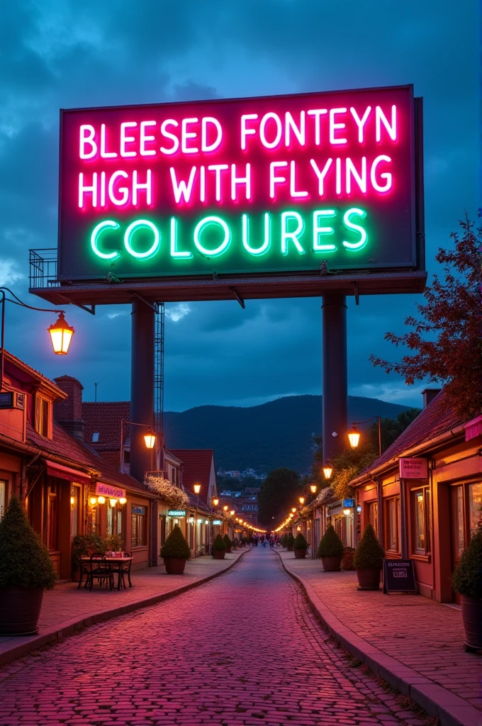a billboard from the town written BLEESED FONTEYN HIGH WITH FLYING COLOURES in neon