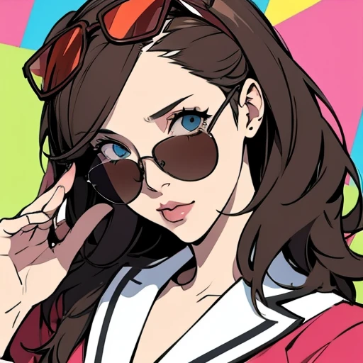 A girl , , one sunglasses , sunglasses perched on forehead, high-quality, detailed