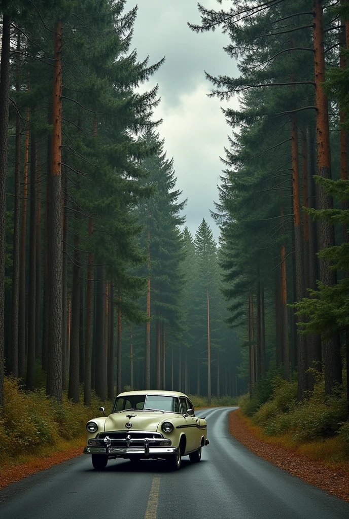 Road in the middle of forest full of trees with dark gray cloudy sky with Dodge valiant car