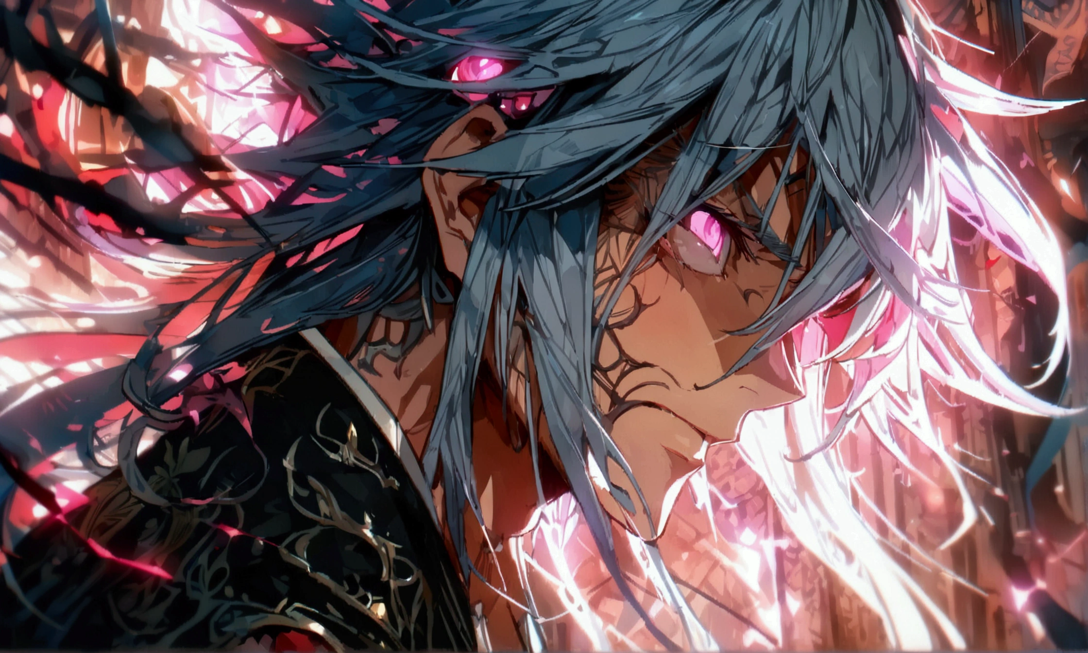 Man, long gray hair with pink highlights, clothes with a heart drawn on them, pink eyes, angry expression, ((Intricate anime character design inspired by Nanatsu no Taizai)), ((Stunning lighting)), ((Fine lines)), ((Stunning focus)), ((Stunning face)), ((Detailed focus)), ((Detailed background)), ((Ultra-fine 2D design)), ((Background full of creativity)), ((2D masterpiece)), ((Best quality), ((8K)), ((Anime style))