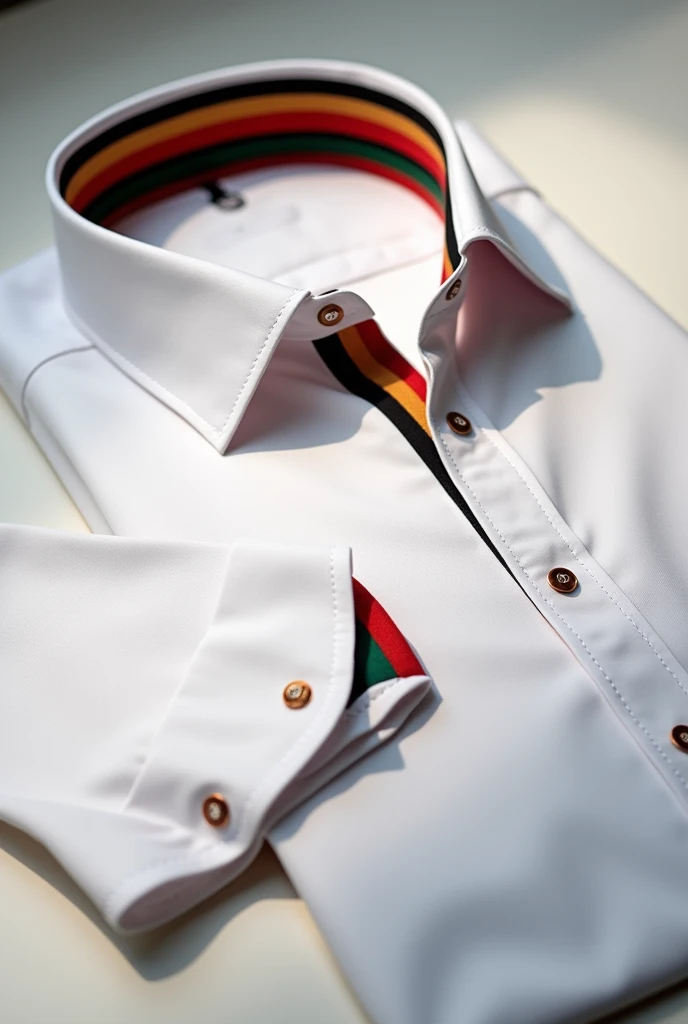 Plain white collar shirt having red, gold, black and green stripes at the end of collar and hands