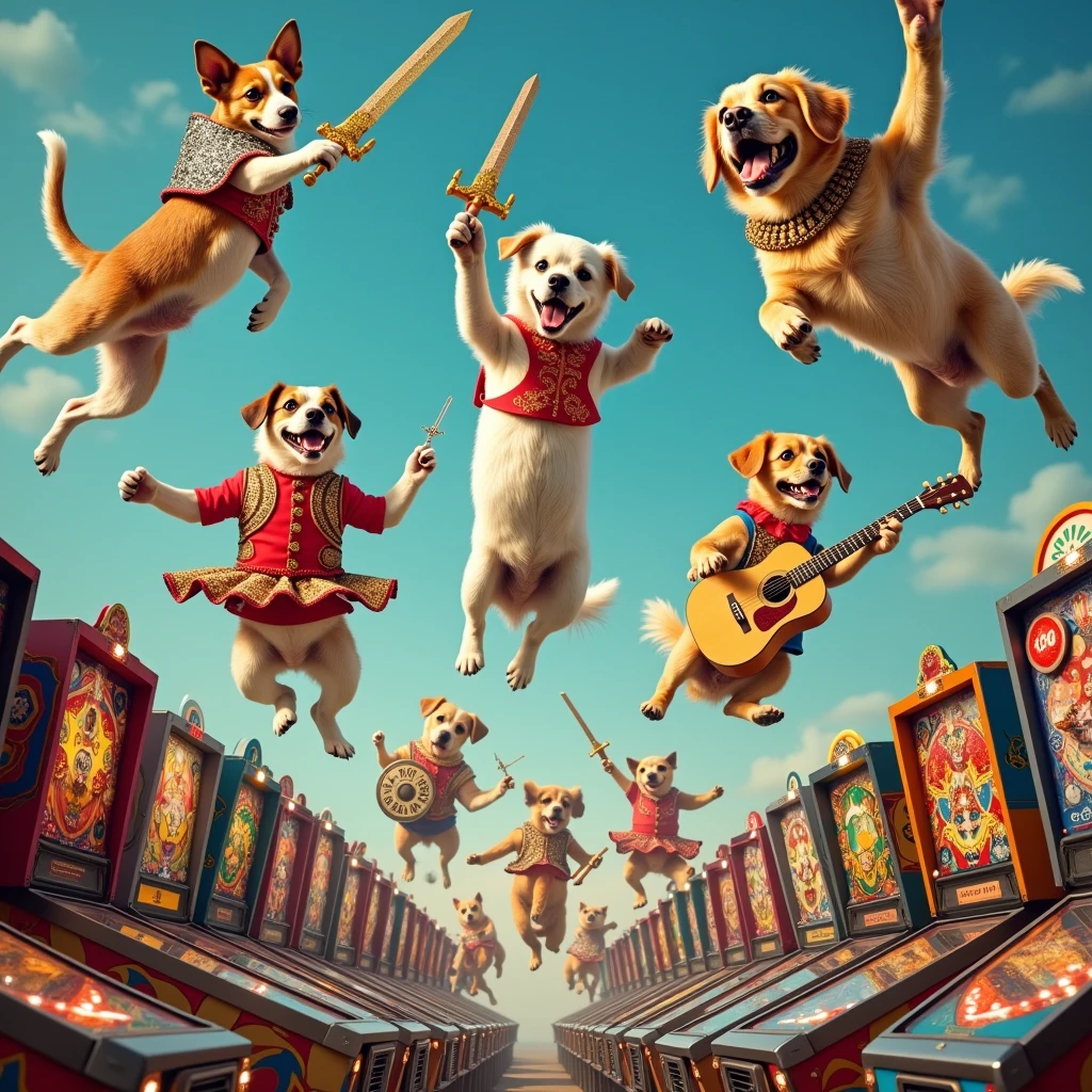 Dogs falling from the sky, some holding swords, some playing pinball, others dancing others playing guitar, not pixel art style