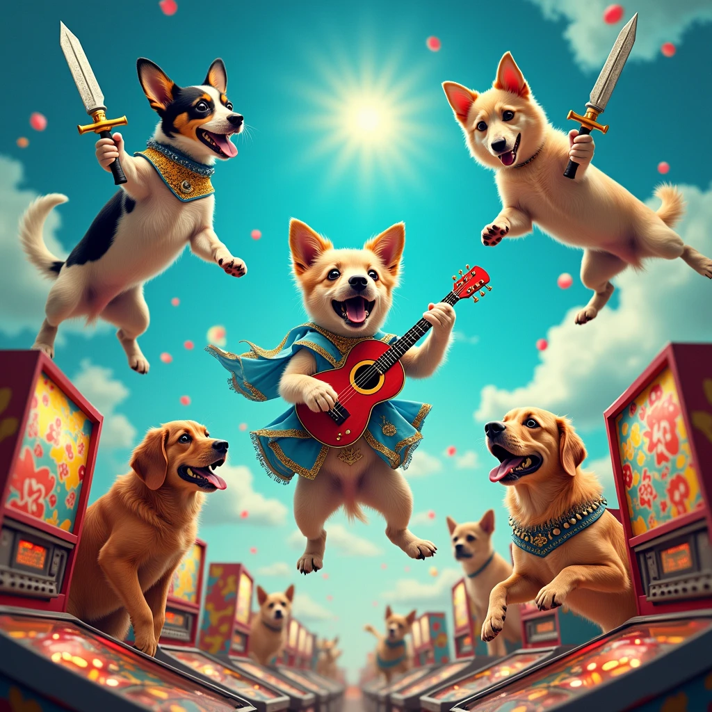 Dogs falling from the sky, some holding swords, some playing pinball, others dancing others playing guitar, not pixel art style