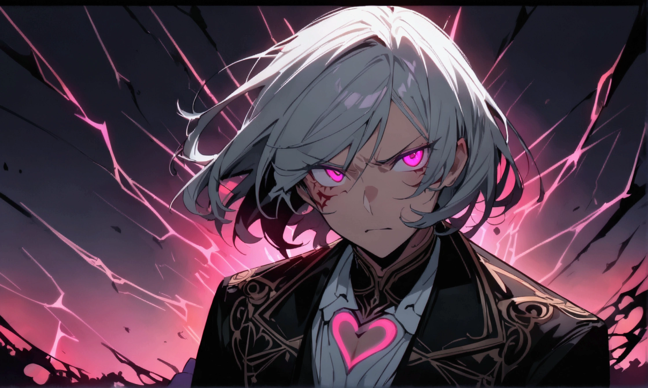 Man, long gray hair with pink highlights, clothes with a heart drawn on them, pink eyes, angry expression, ((Intricate anime character design inspired by Nanatsu no Taizai)), ((Stunning lighting)), ((Fine lines)), ((Stunning focus)), ((Stunning face)), ((Detailed focus)), ((Detailed background)), ((Ultra-fine 2D design)), ((Background full of creativity)), ((2D masterpiece)), ((Best quality), ((8K)), ((Anime style))