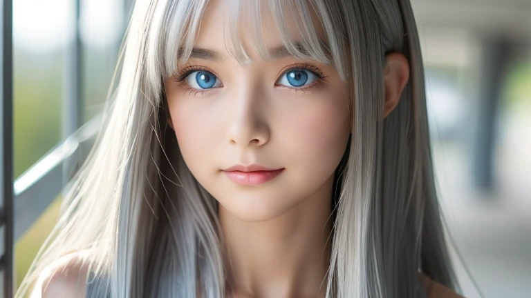 The Shining, clear, White skin、Her windblown silver hair hides her beautiful face..、Huge、Sexy beautiful face of 28 years old、Beautiful straight hair that stands out、growing up, light blue eyes shimmering、Sexy long silky bangs that cover the eyes, Sexy young woman with super long hair hiding her sexy face、The Shining silver hair、Upper body close-up,(((Sexy Woman)))