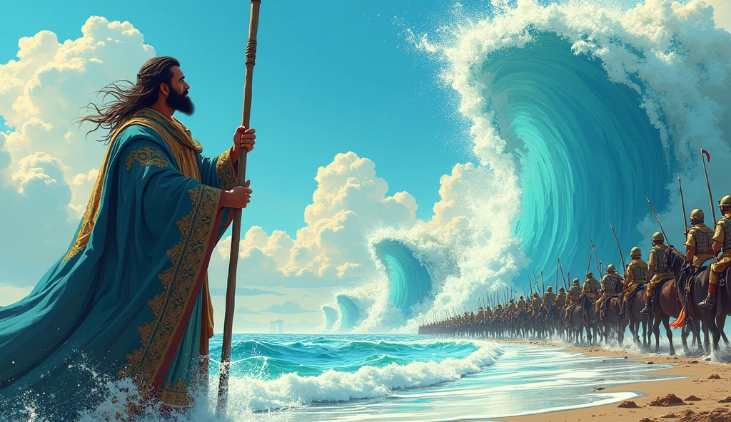 Anime A man with a long beard and slightly long hair, wearing a quilt and old Islamic clothes, splits the sea with his stick, and each split appears very high. Behind him are soldiers on horses and the parade is filmed