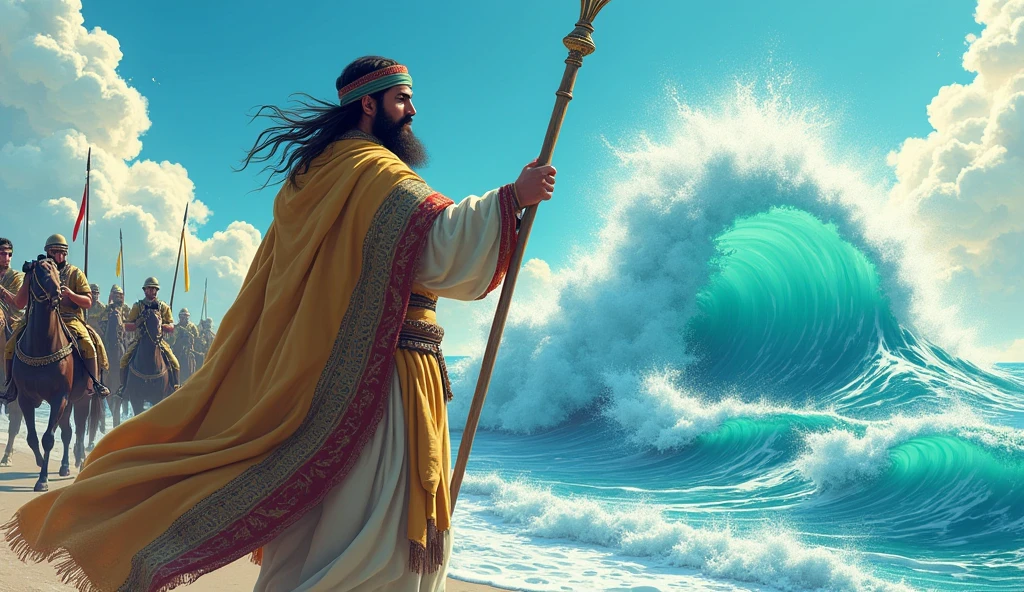 Anime A man with a long beard and slightly long hair, wearing a quilt and old Islamic clothes, splits the sea with his stick, and each split appears very high. Behind him are soldiers on horses and the parade is filmed