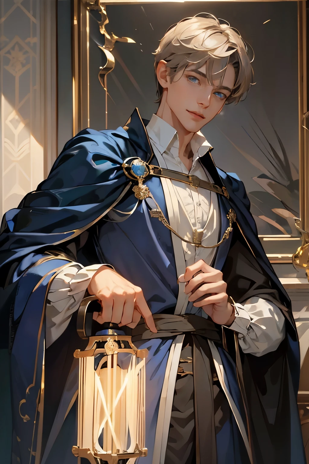 (masterpiece), best quality, expressive eyes, 18th century European male，magic師，sorcerer, Blue robe , Light brown hair，light hair,blue eyes，Bright Eyes，Thin lips，clever，Narrow shoulders, , short hair, curious, magic, Smile