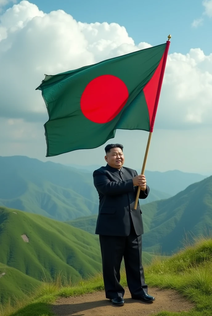 Kim jong un supreme leader North korea holding Bangladeshi flag 
