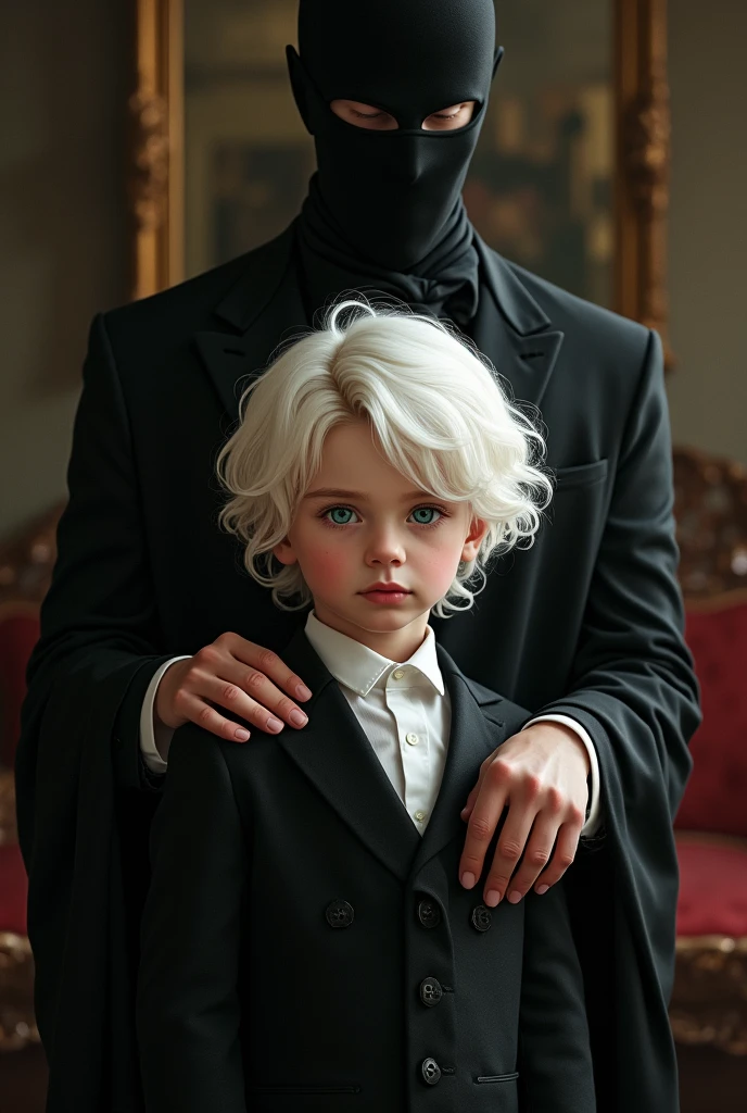 realistic art, realist art, albino male child, wavy white hair layered and long to the shoulders, behind him there is a man in elegant clothes whose face cannot be seen combing the boy's wavy hair, the nest of small almond-shaped green eyes, elegant black clothes, in the background a dark old money room