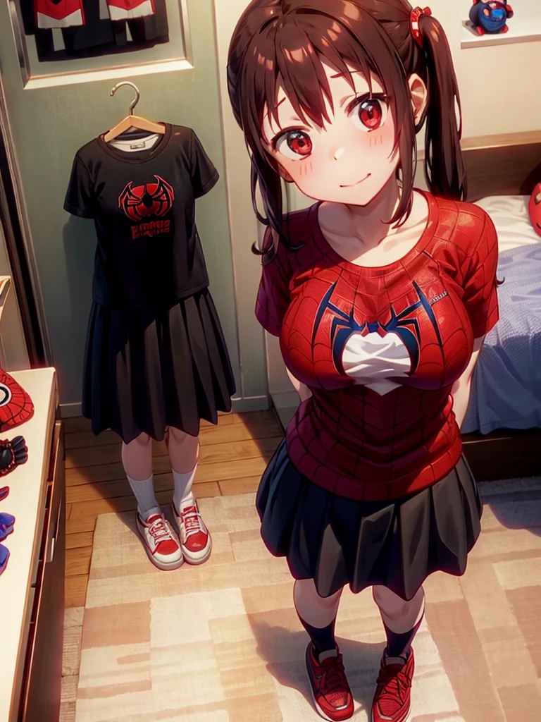 Ebina standing standing standing in her room , wearing a black skirt , Black and red sports shoes , spiderman t-shirtClassic , cheerful and shy attitude, big breasts, (room full of stuffed animals and teenage things), (looking at the camera).