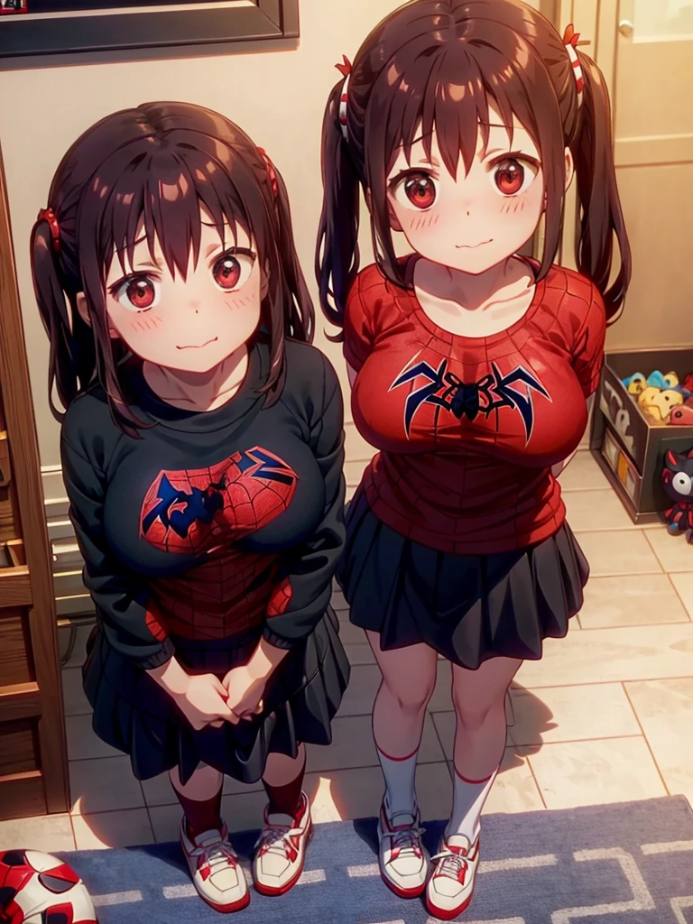 Ebina standing standing standing in her room , wearing a black skirt , Black and red sports shoes , spiderman t-shirtClassic , cheerful and shy attitude, big breasts, (room full of stuffed animals and teenage things), (looking at the camera).