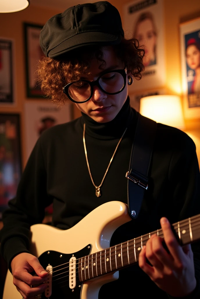 wearing black square glasses, black cap and black turtleneck, with curly hair tied up and playing a white and black guitar.