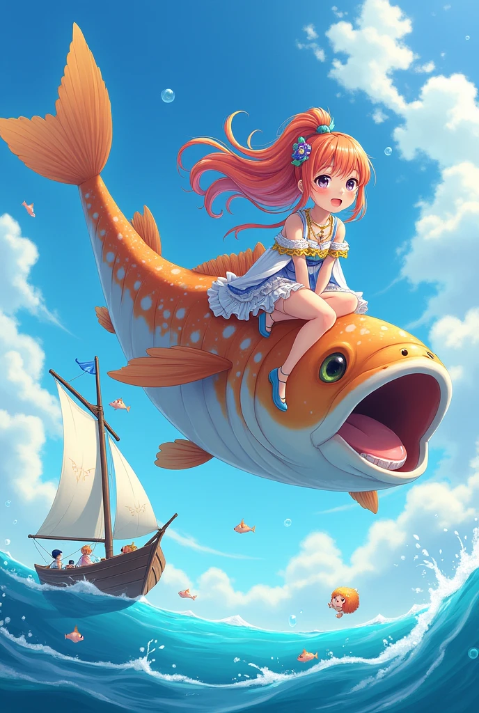 1 Girl, on top of a giant fish, flying in the sky, side view, one sailboat behind her, anime style, azur lane, bubbles, little fishes