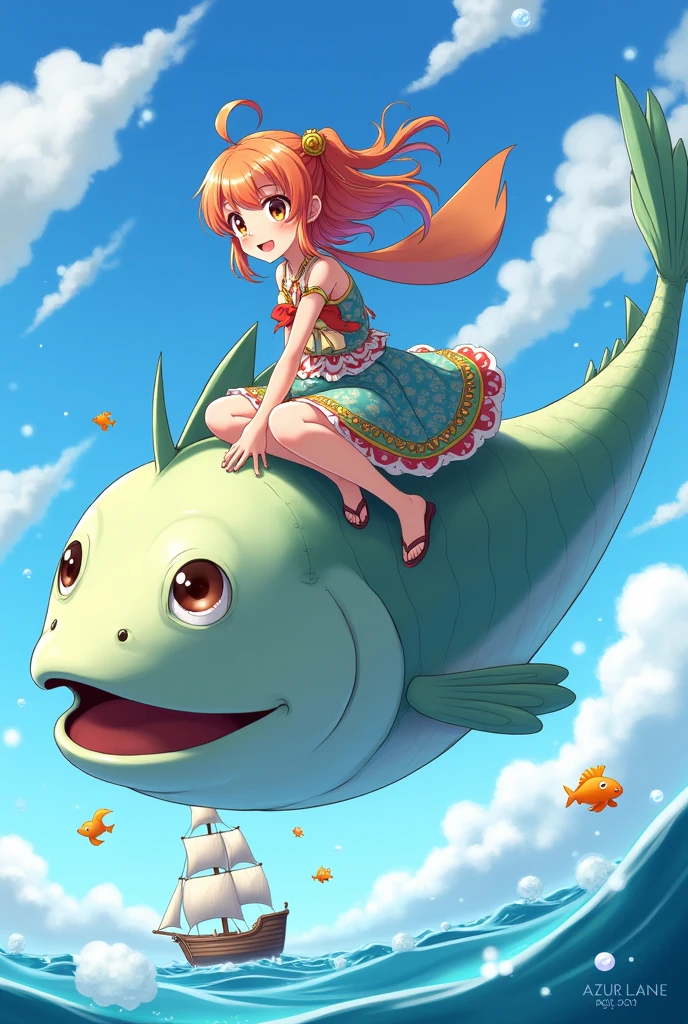 1 Girl, on top of a giant fish, flying in the sky, side view, one sailboat behind her, anime style, azur lane, bubbles, little fishes
