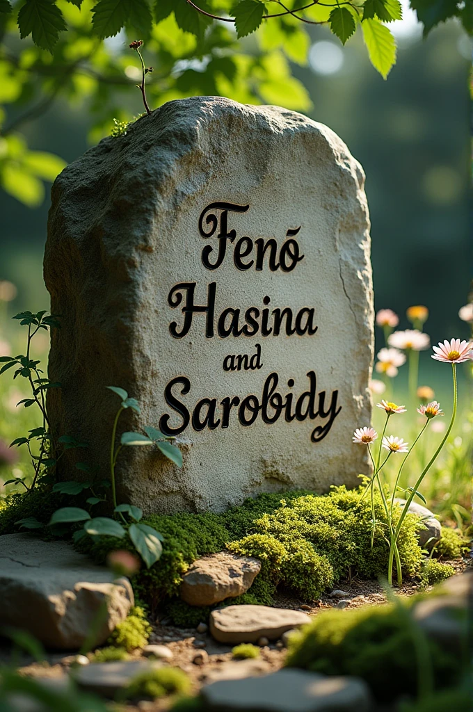 Le mot "Feno Hasina and Sarobidy" engraved on a stone