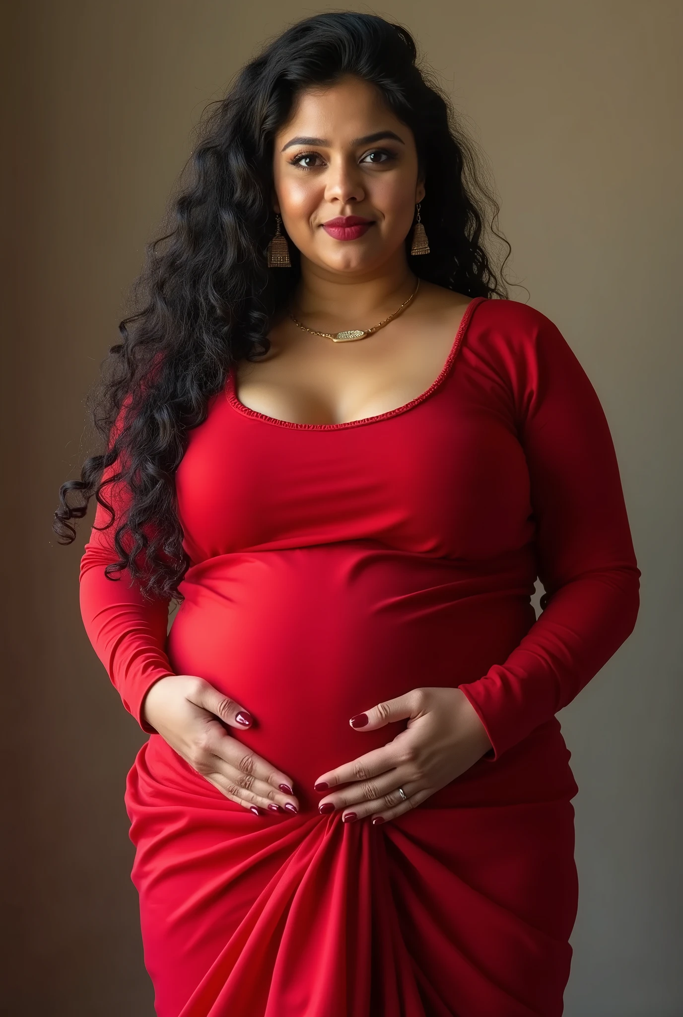 She is a south asian stocky curvy thick butter body PAWG in the age of 25. She has side-swept super long frizzy curly hair. wearing a tight long-sleeved red square neck scantier saree with deep cleavage. She has protruding belly curves. She has super wide childbearing hips. She has juicy large spicy booty. Her short legs are Bulging.