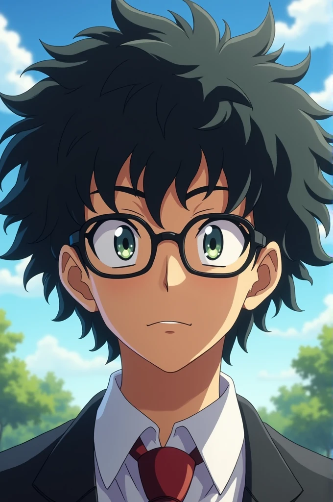 I want you to want a man with curly hair in an anime version with Saturo Gojo's glasses