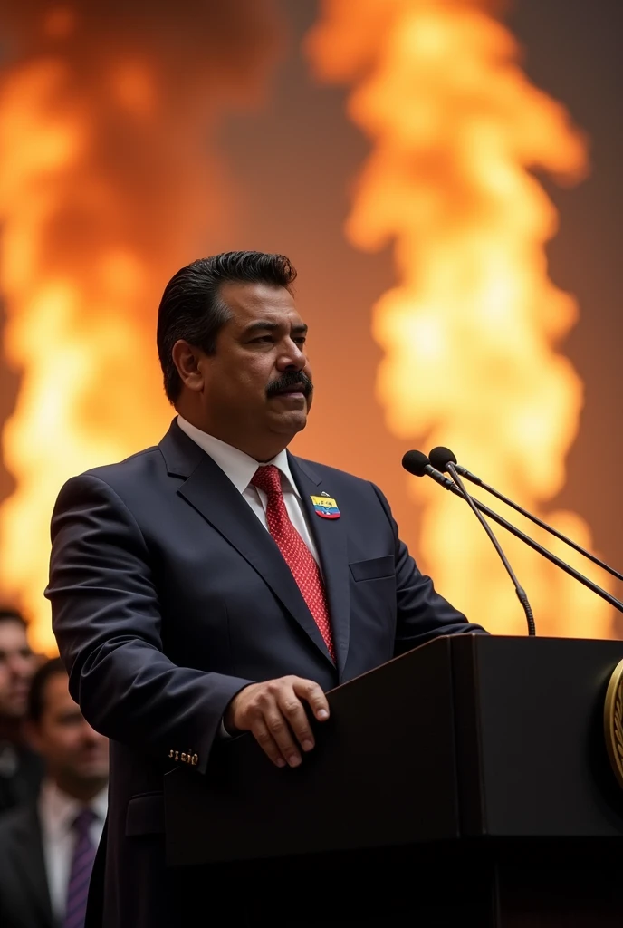 A photo of Nicolas Madura as the president of ONU with explosions behind him