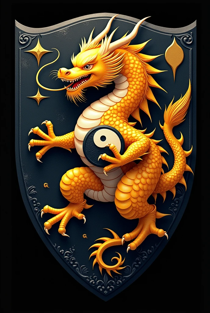 Circle symbol of country in 2D with 600×800 pixel size, in the middle is a five clawed four legged yellow dragon holding yin and yang in its hands symbolizing the Huaxia tribe ruling the world and the color of the shield is black. 