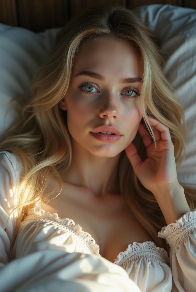 beautiful 20 year old woman with long blonde hair, blue eyes, high cheekbones, laying in bed in pajamas, detailed face, hyper realistic, photorealistic, 8k, high quality, intricate details, natural lighting, soft colors, warm tones, cinematic, digital painting