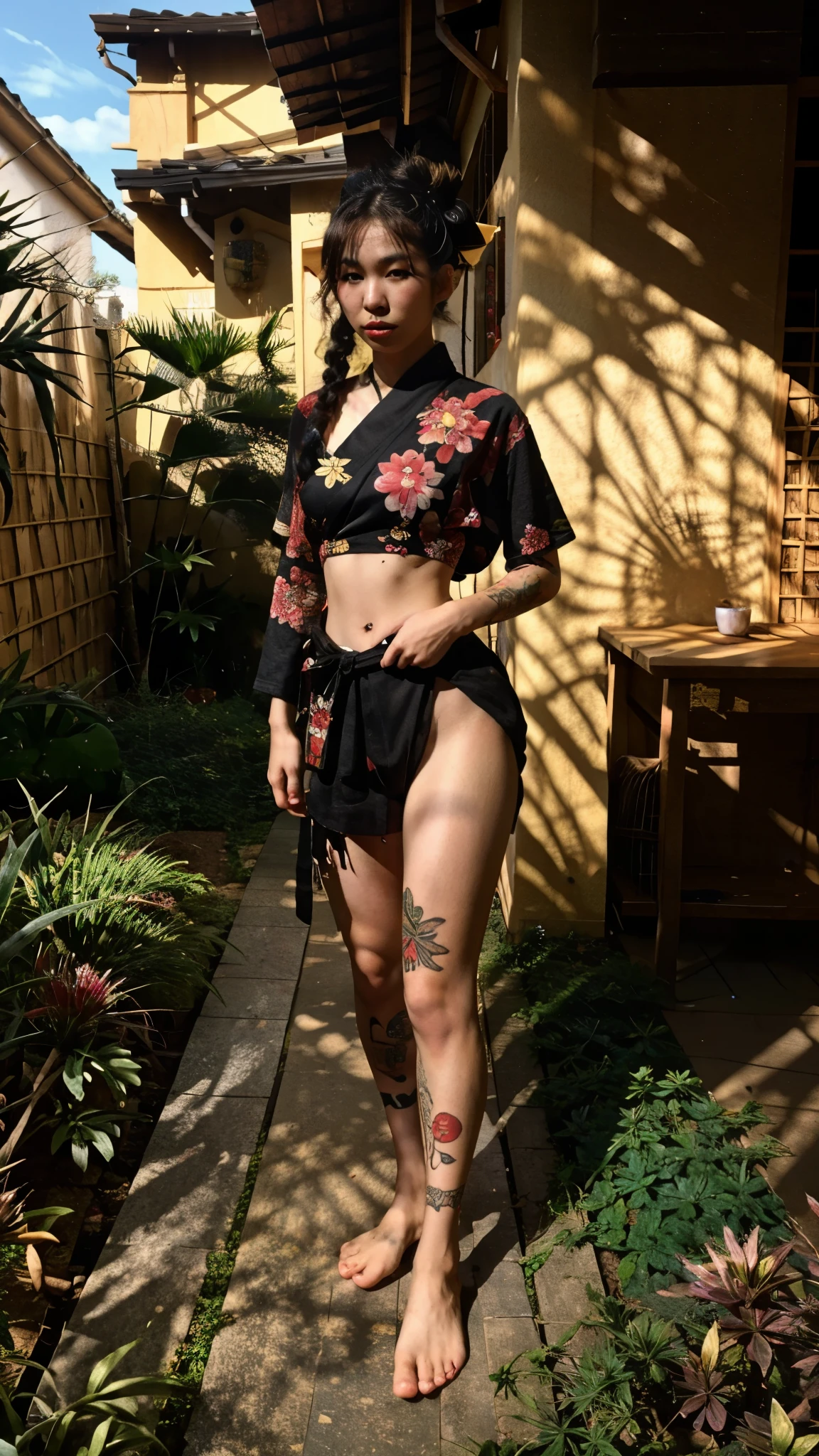 20 year old japanese woman and beautiful and masterpiece and best quality and TATTOO and IREZUMI and film grain, full body