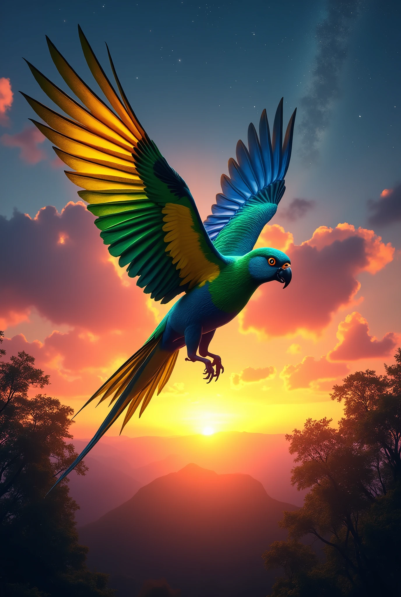 bird flying with the colors of the Brazilian flag, universe, ((trees)), sunset, (best quality, high resolution, masterpiece: 1.2), ultra-detailed, (realistic), (Fotos RAW:1.2), (photorealistic), photo-realistic: 1.37), HDR, UHD, Studio Lighting, Ultra-Fine Painting, Sharp Focus, Physically Based Rendering, Extreme Detail Depiction, Professional, Vivid Color, Portraits, Photography, Masterpiece, High Resolution Scan, (Photography: Canon 5D, 50 Zeiss Lens mm), ultra HD, HDR, grade, (professional color grading), sharp focus, natural lighting, ((intricate detail)), (reality: 1.4), (very detailed), light, super detail, 8k, best quality, 8k, best quality, Awards, high resolution, Textured Skin, Anatomically correct, ultra HD, accurate