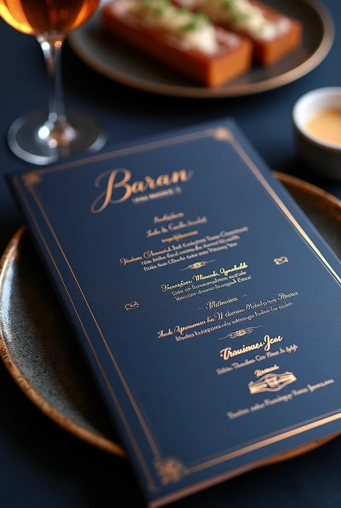 I want you to design a menu for a restaurant called Baran. The menu consists of two A4 pages, separated by a border, and the menu theme is navy blue with stylish and luxurious navy blue writings.