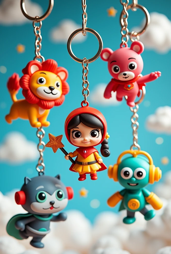 Create an image of keychains of different fictional characters, where it has a cartoon style