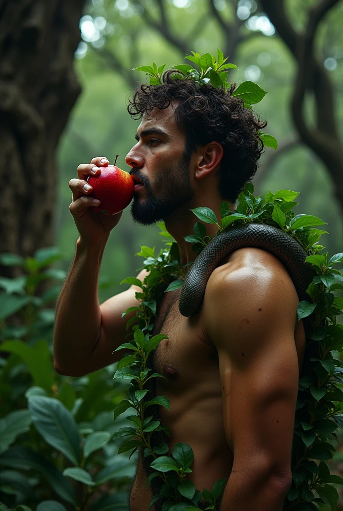 a beardless man, half-naked, covered with leaves, biting an apple surrounded by many trees and a large snake coiling around him, tempting him in the garden of Eden, in the darkness