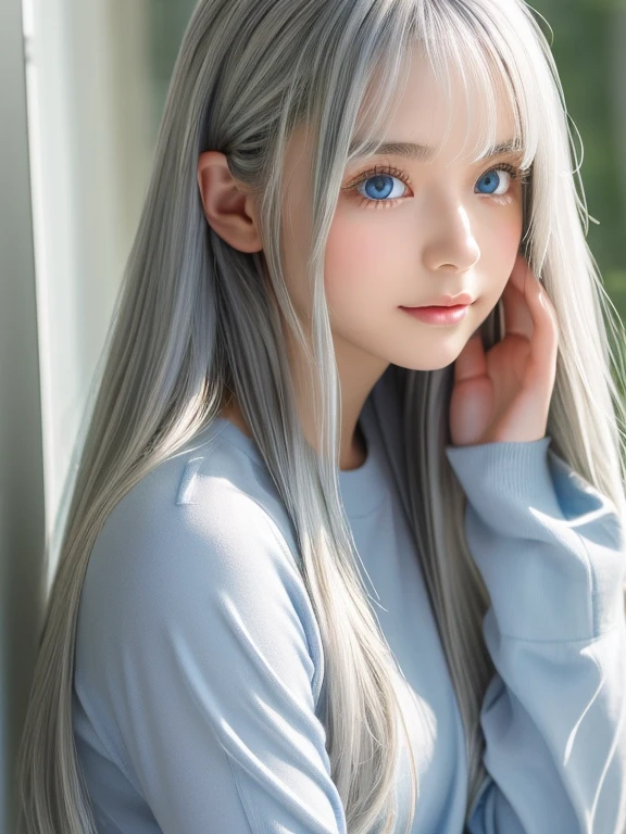 The Shining, clear, White skin、Her windblown silver hair hides her beautiful face..、Huge、Sexy beautiful face of 28 years old、Beautiful straight hair that stands out、growing up, light blue eyes shimmering、Sexy long silky bangs that cover the eyes, Sexy young woman with super long hair hiding her sexy face、The Shining silver hair、(((Sexy Woman)))