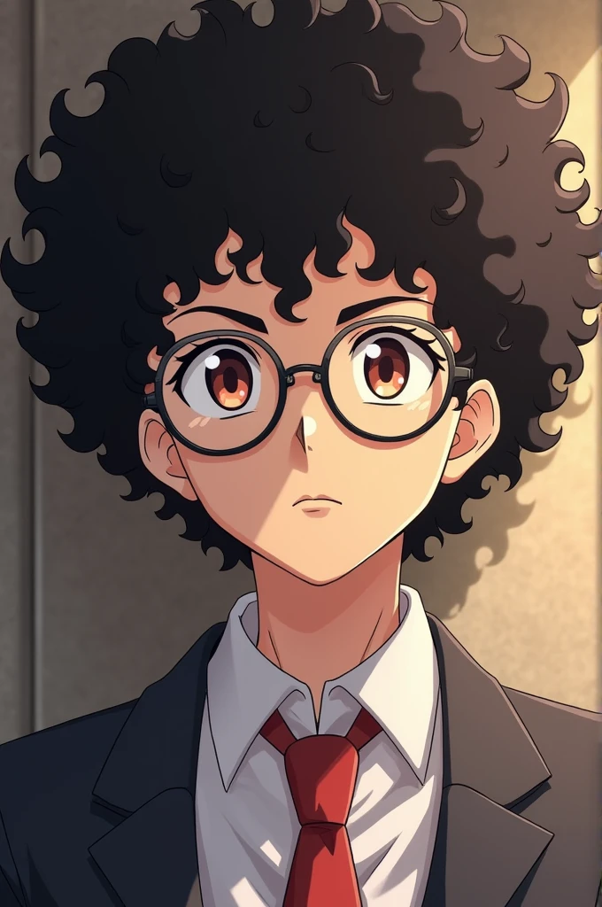 I want you to want a man with curly hair in an anime version with Saturo Gojo's glasses