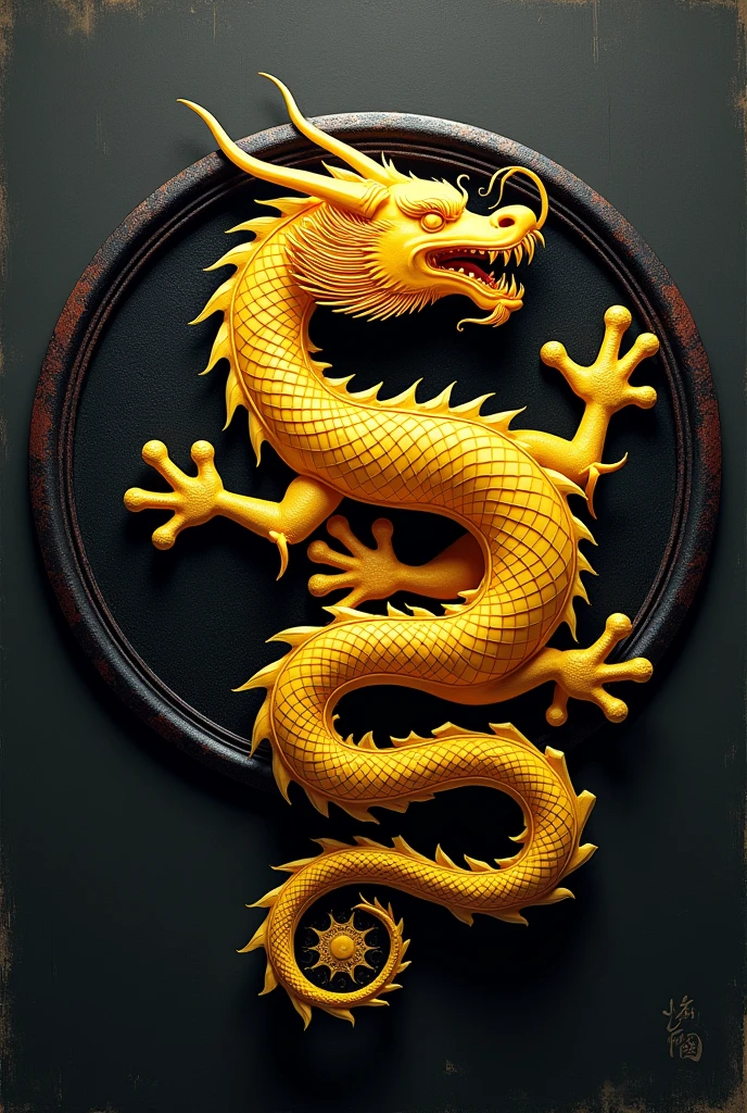 Circle symbol of country in 2D with 600×800 pixel size, in the middle is a five clawed four legged yellow dragon holding yin and yang in its hands symbolizing the Huaxia tribe ruling the world and the color of the circle is black.