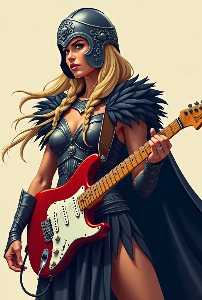 flat vector logo of a (((valkyrie))), she is 38 years old. She weares a valkeryie helmet and cape made out of raven feathers. She is blond, the hair on the rightside of her head is braided. She is holding a fender stratocaster in her left hand. (((full-body shot))). semi realistic style