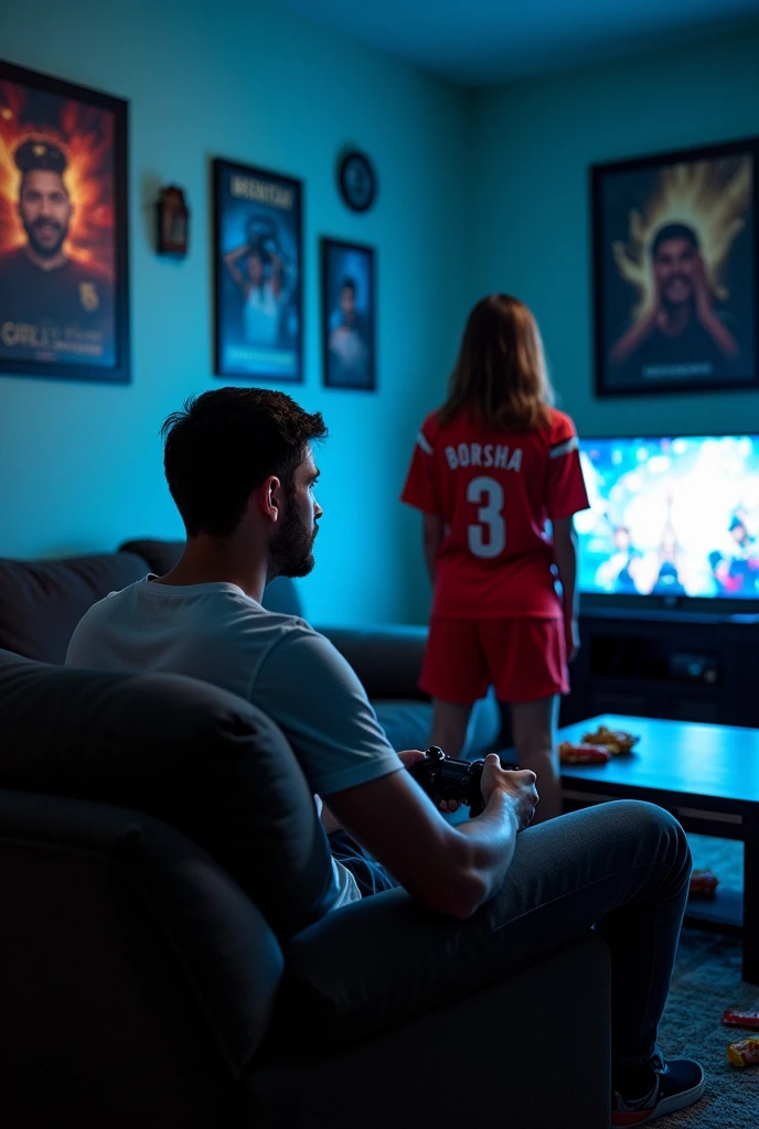 A MAN PLAYING GAME AND A WOMEN FELT ANGRY, HER NAME IS BORSHA WAS WRITTEN ON HER JERCY