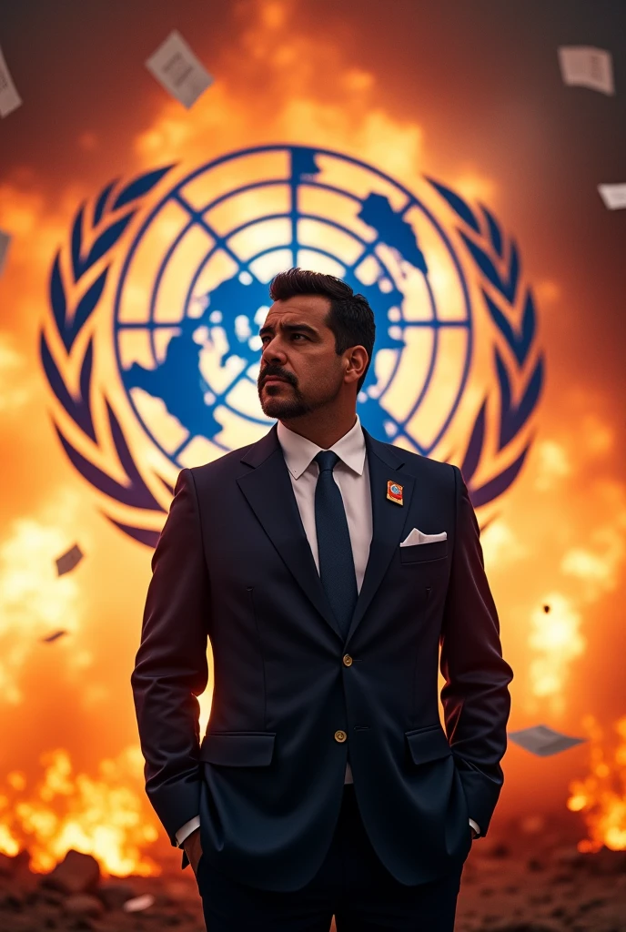 A photo of Nicolas Madura as the president of ONU with explosions and the logo of ONU behind him 