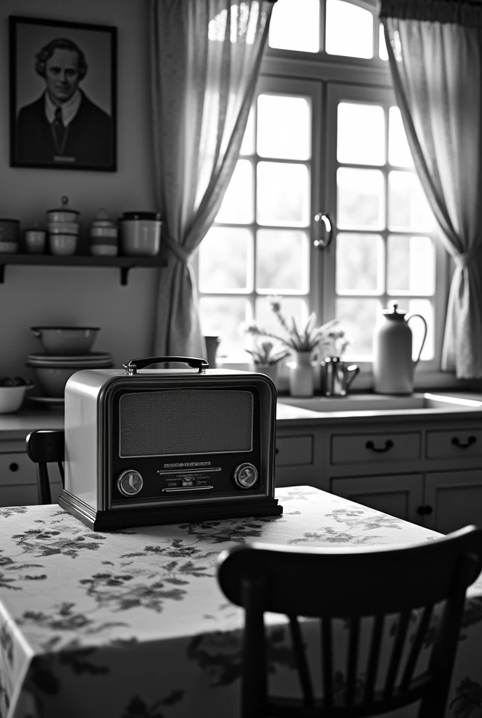 Create a black and white image with a vintage tone, showing a kitchen from the 1940s. The scene should include authentic period furniture and decor., with an old 1940s radio prominently displayed on the kitchen counter. The image should capture the nostalgic atmosphere and sophistication of the period, reflecting the charm and details typical of the time.