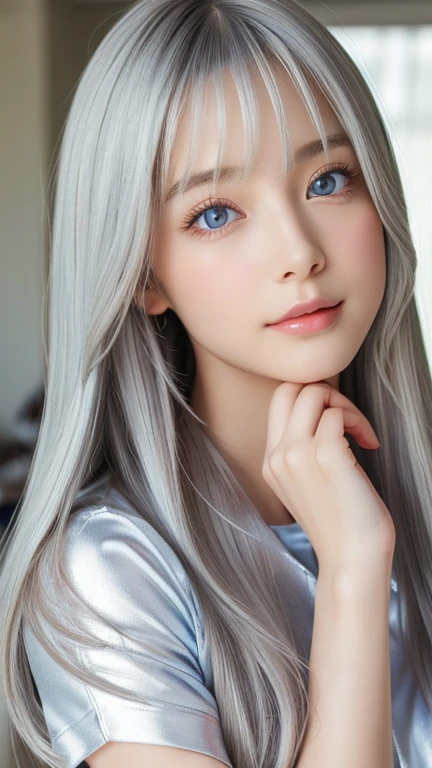 The Shining, clear, White skin、Her windblown silver hair hides her beautiful face..、Huge、Sexy beautiful face of 28 years old、Beautiful straight hair that stands out、growing up, light blue eyes shimmering、Sexy long silky bangs that cover the eyes, Sexy young woman with super long hair hiding her sexy face、The Shining silver hair、(((Sexy Woman)))
