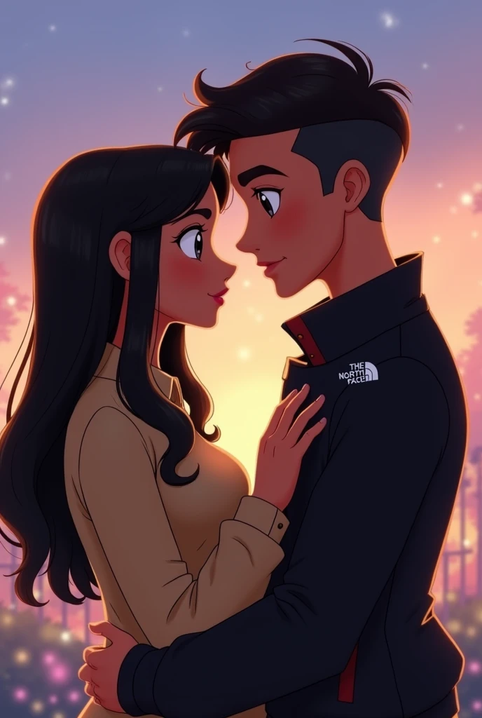 Disney Two teenagers hugging looking into each other's eyes, A girl with long hair, straight and black, tanned with dimples in her cheeks brown eyes and wearing a beige shirt. A light skinned boy, large lips and dark hair with a low taper fade, eyes a little big with a black Disney North Face jacket