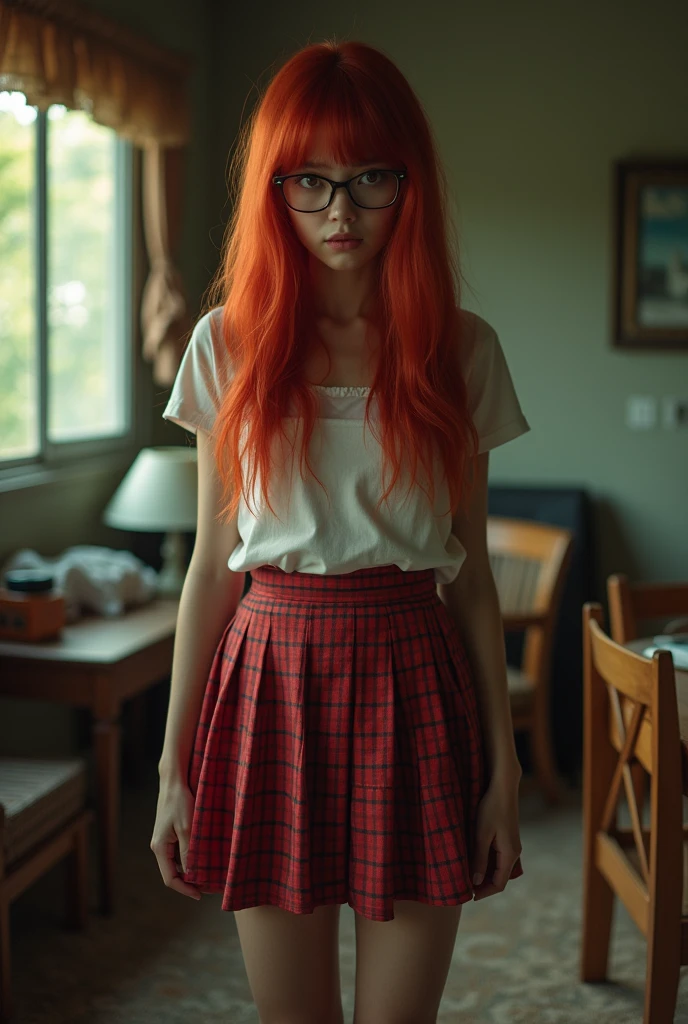 A foolish decision,High resolution,(masterpiece:1.4),Hyper Detail,Red long hair, One Girl, Glasses, alone, Red eyes,, White Thailand, Pleated checkered red skirt, , Zombie Role Playing,Cozy rooms(1.2),Zombie Apocalypse,Zombie outbreak,Rising to the Head(1.2),Expressions of dissatisfaction or crying